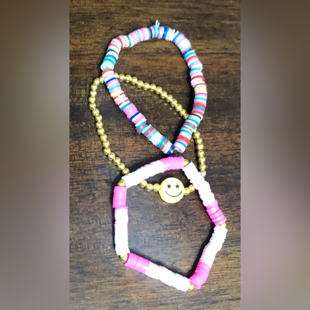 3PCS happy face clay bracelets multi color. One size.